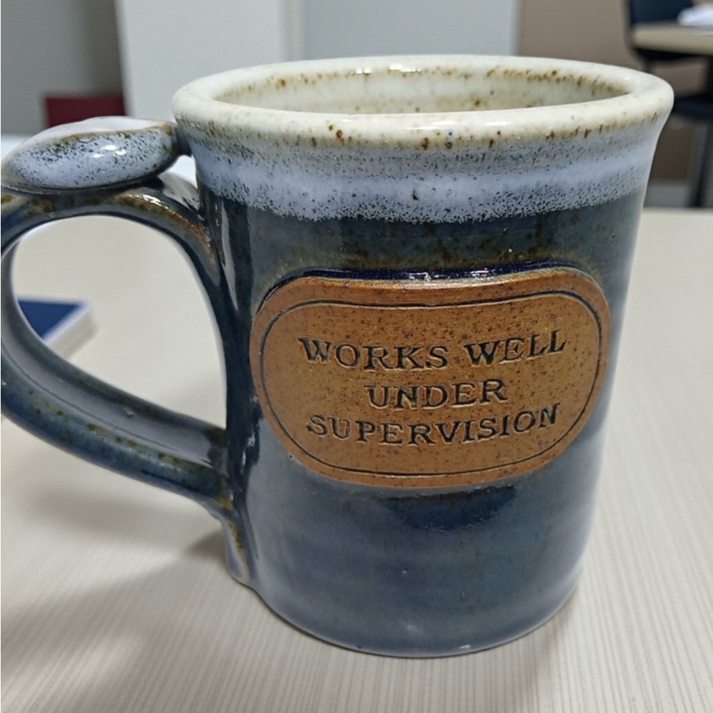 Handmade Stoneware Mug – “Works Well Under Supervision” Glazed Coffee Cup